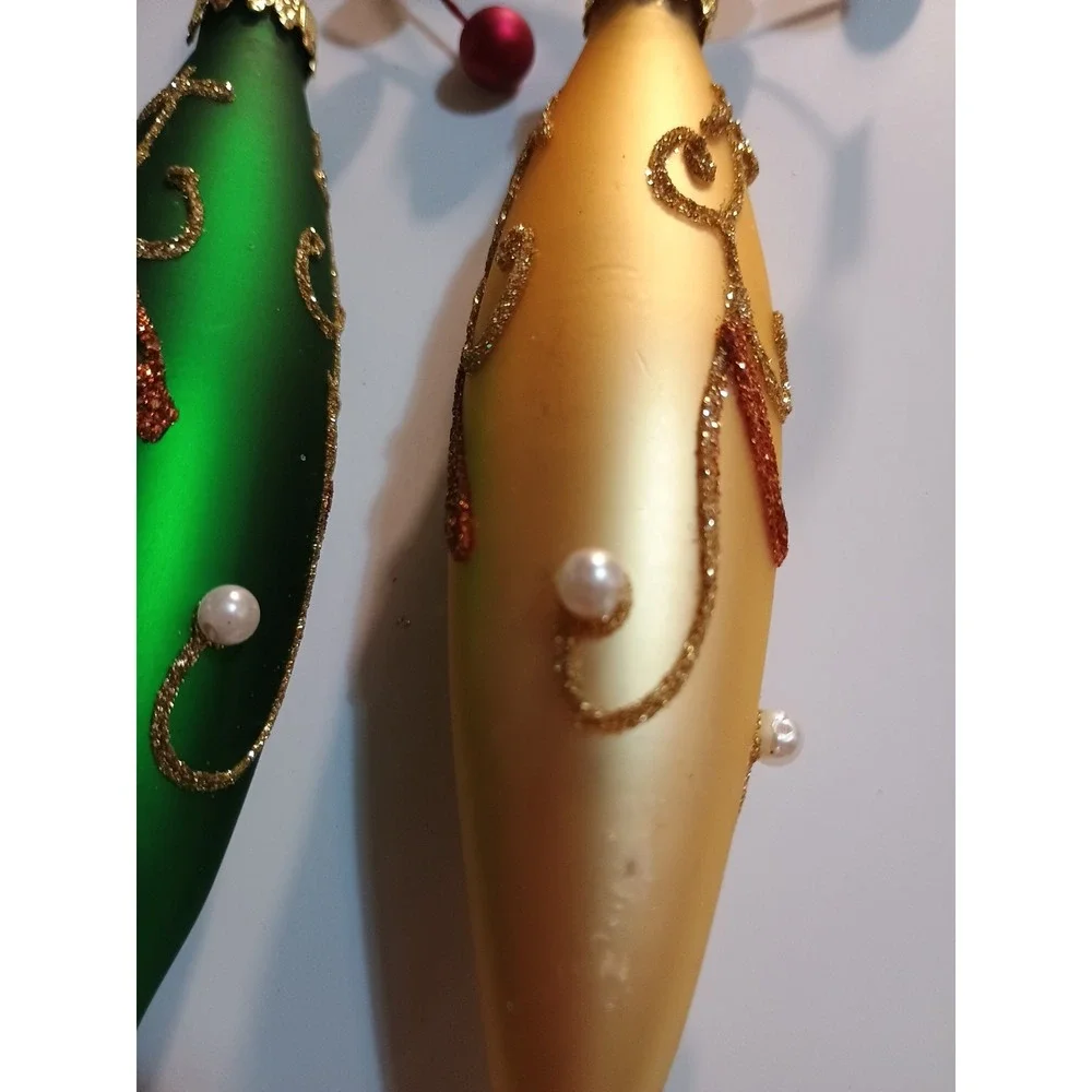 Vintage Christmas 4 Oblong Ornaments In Jewel Tones Glittered‎ Pearls